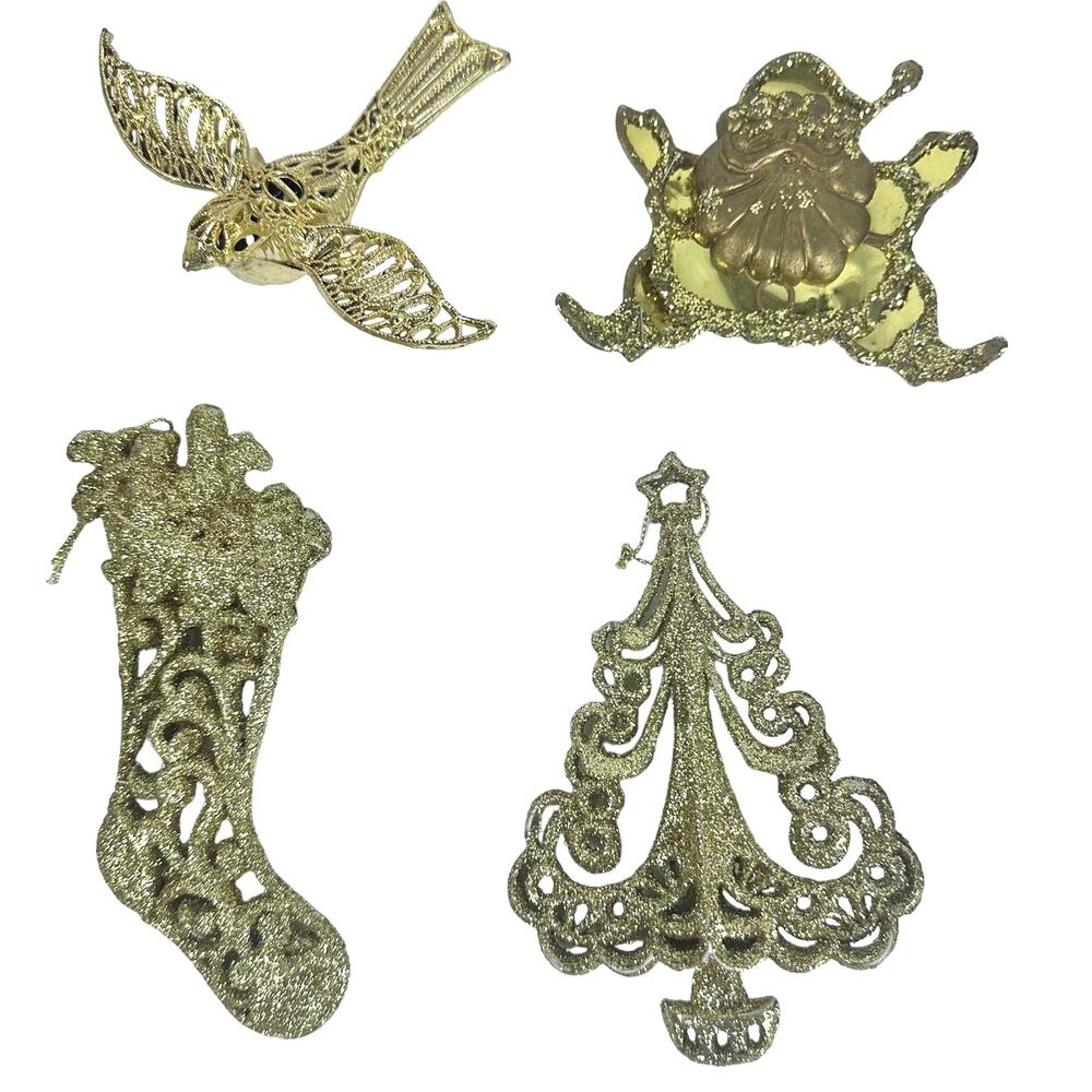 Gold Tone Christmas Ornaments Bird Santa Stocking Christmas Tree-Lot of 4-Nice!